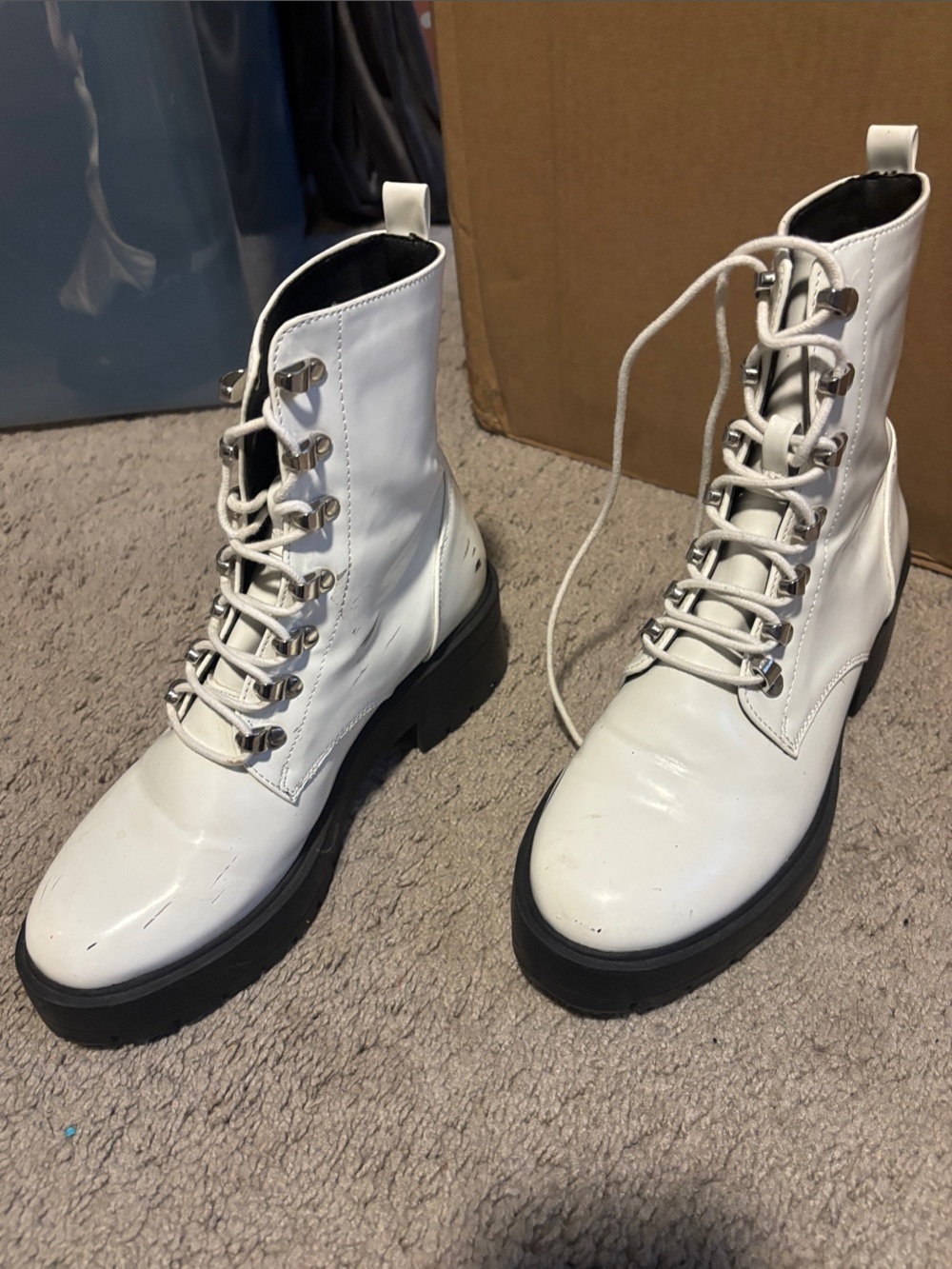 Women’s White Lace-Up Combat Boots with Chunky Black Sole